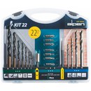 Coffret - Set de forets et vis KIT 22 22&nbsp;pi&egrave;ces, m&eacute;tal, pierre, 9&nbsp;embouts tri&eacute;s,